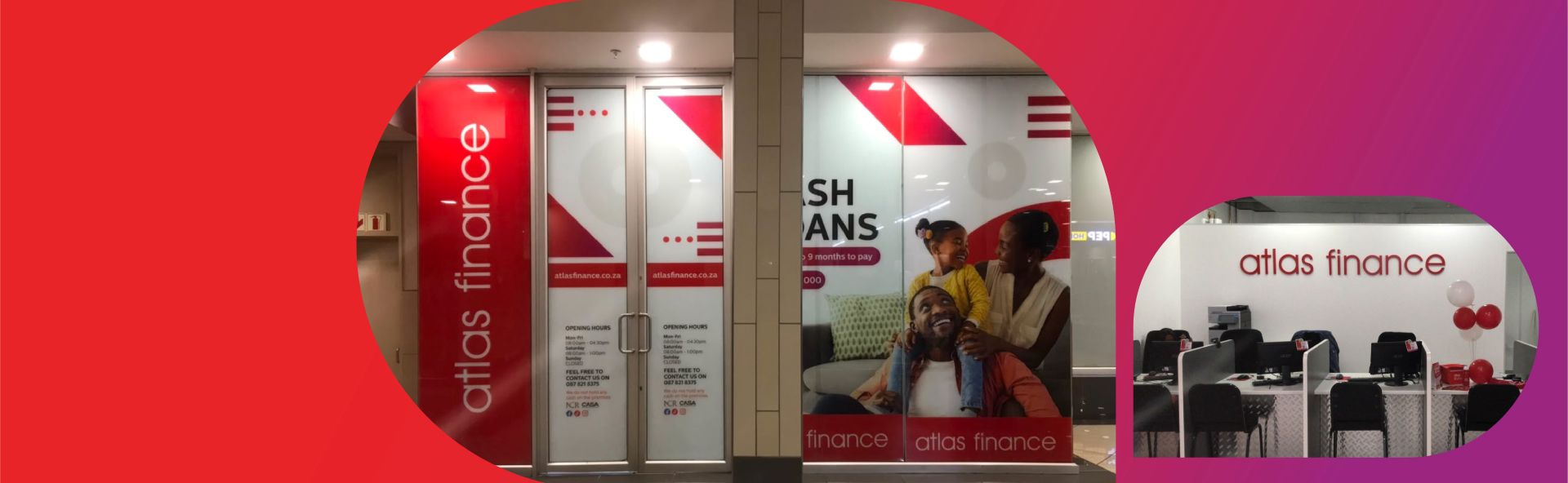 Collage of Atlas Finance Bredasdorp's storefront and internal offices where customers are helped with fast easy loans.