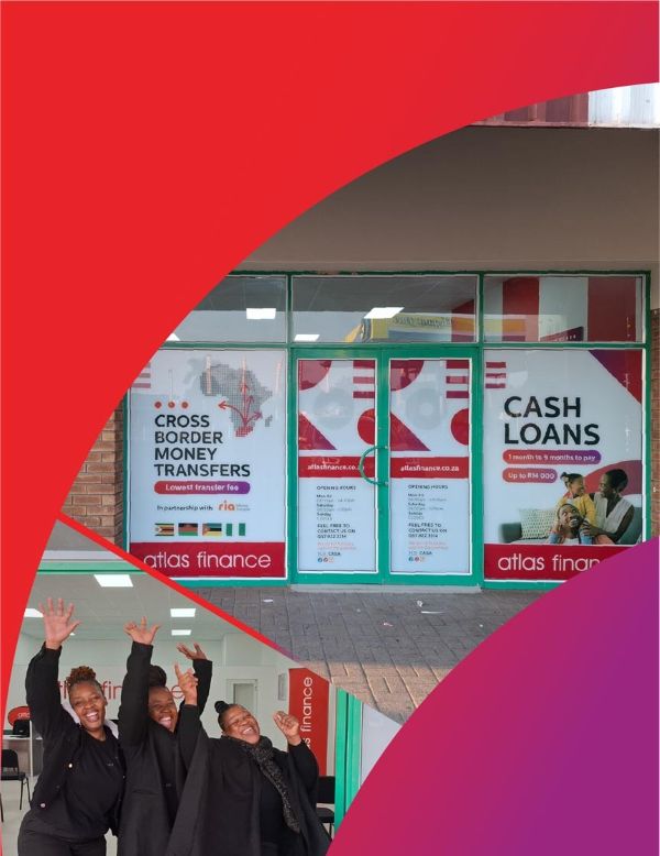 Collage of smiling employees and the storefront of Atlas Finance Marble Hall.